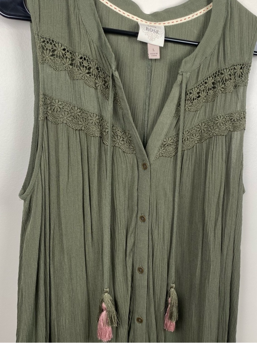 Knox Rose Women's Sleeveless Olive Green Crochet Button-Front Midi Dress Large - Picture 4 of 4
